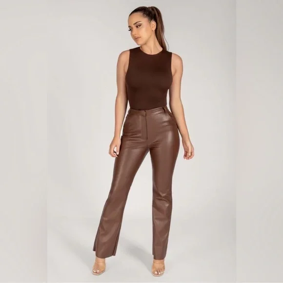 Meshki Tyra straight leg faux leather chocolate brown pants - Picture 1 of 14